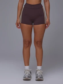 Musera Sport Foldover Stripe Side Low Rise Fitted Soft Touch Active Mini Shorts Coord Bottoms Only  Sport Workout Gym Cute Pilates Fitness Daily - Mocha Brown - View 3