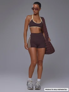 Musera Sport Foldover Stripe Side Low Rise Fitted Soft Touch Active Mini Shorts Coord Bottoms Only  Sport Workout Gym Cute Pilates Fitness Daily - Mocha Brown - View 2