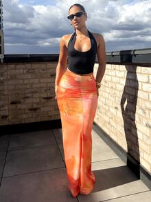 leahseptember Women's New Elegant Floral Print Ruched Mermaid Hem Bodycon Skirt, Suitable For Spring, Summer, Beach Resort - Orange - View 3