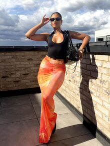 leahseptember Women's New Elegant Floral Print Ruched Mermaid Hem Bodycon Skirt, Suitable For Spring, Summer, Beach Resort - Orange - View 5