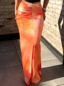 leahseptember Women's New Elegant Floral Print Ruched Mermaid Hem Bodycon Skirt, Suitable For Spring, Summer, Beach Resort - Orange - View 4
