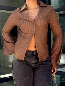 leahseptember Brown Lettuce Trim Flare Sleeve Button Placket Tee Long Sleeve Women Shirts - Brown - View 6