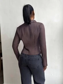 leahseptember 1pc Women Striped Long Sleeve Button Up Casual Work Shirt For Autumn,Long Sleeve Tops Fall Cloth For Women - Brown - View 2