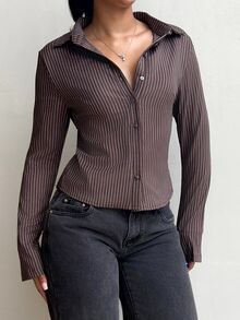leahseptember 1pc Women Striped Long Sleeve Button Up Casual Work Shirt For Autumn,Long Sleeve Tops Fall Cloth For Women - Brown - View 4