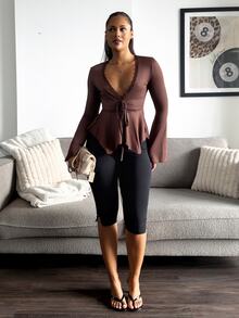 leahseptember Ruffle Trim Flare Sleeve Knot Front Lettuce Trim Mesh Top - Chocolate Brown - View 3