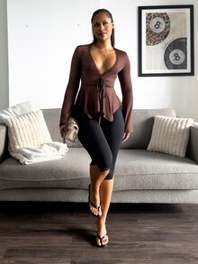 leahseptember Ruffle Trim Flare Sleeve Knot Front Lettuce Trim Mesh Top - Chocolate Brown - View 4
