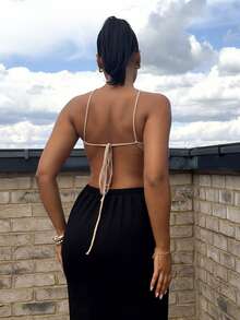 leahseptember Women's Solid Color Asymmetric Hem Halter Neck Metal Decor Sleeveless Top - Camel - View 2