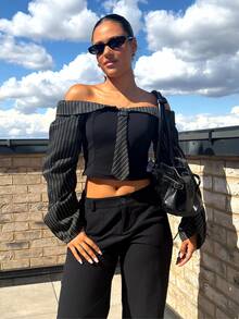 leahseptember Gothic Inspired Asymmetric Ruffle Trim Off-Shoulder Long Sleeve Sexy Slim Fit Party Blouse For Women - Black - View 5