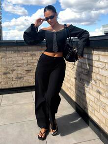 leahseptember Gothic Inspired Asymmetric Ruffle Trim Off-Shoulder Long Sleeve Sexy Slim Fit Party Blouse For Women - Black - View 4
