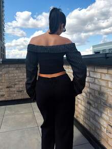 leahseptember Gothic Inspired Asymmetric Ruffle Trim Off-Shoulder Long Sleeve Sexy Slim Fit Party Blouse For Women - Black - View 2