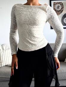 leahseptember Women's Round Neck Fitted Fashionable Lace Long Sleeve T-Shirt - Apricot - View 3