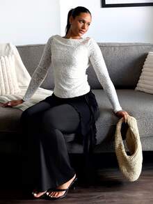 leahseptember Women's Round Neck Fitted Fashionable Lace Long Sleeve T-Shirt - Apricot - View 1