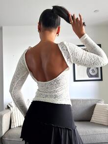 leahseptember Women's Round Neck Fitted Fashionable Lace Long Sleeve T-Shirt - Apricot - View 4