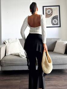 leahseptember Women's Round Neck Fitted Fashionable Lace Long Sleeve T-Shirt - Apricot - View 5