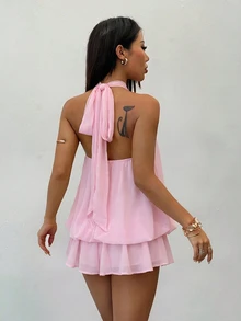 SHEIN PETITE Elegant Sleeveless Tie-Neck Mini Dress In Pale Yellow, Suitable For Party, Date, Autumn/Winter And Spring/Summer,Summer Dresses For Women ,Petite Women - Pink - View 3