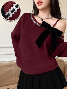 Modelyn Red Autumn/Winter Bowknot Loose Korean Style Casual Cropped Sweatshirt One Shoulder, Ribbed, Fall Women, New - Burgundy - View 3