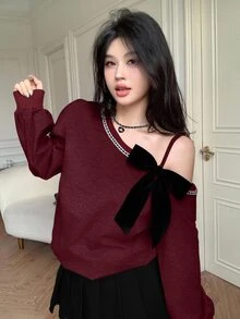 Modelyn Red Autumn/Winter Bowknot Loose Korean Style Casual Cropped Sweatshirt One Shoulder, Ribbed, Fall Women, New - Burgundy - View 7