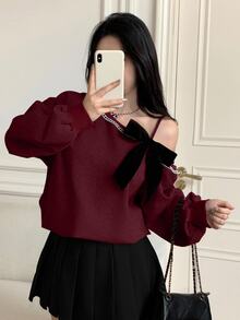 Modelyn Red Autumn/Winter Bowknot Loose Korean Style Casual Cropped Sweatshirt One Shoulder, Ribbed, Fall Women, New - Burgundy - View 4