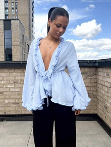 leahseptember Ruffle Cinched Waist Loose Top For Women - Baby Blue - View 5