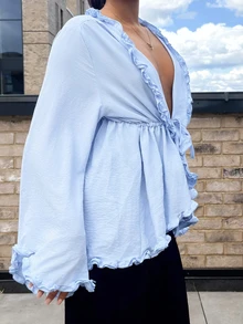 leahseptember Ruffle Cinched Waist Loose Top For Women - Baby Blue - View 6