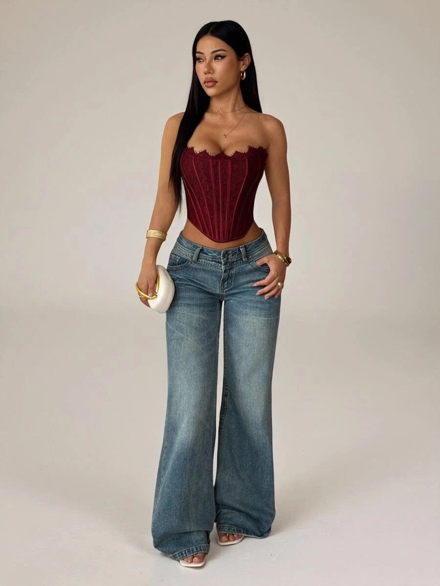 SHEIN PETITE Women's Lace Patchwork Fitted Versatile Date & Outing Tube Top