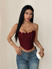 SHEIN PETITE Women's Lace Patchwork Fitted Versatile Date & Outing Tube Top - Burgundy - View 5