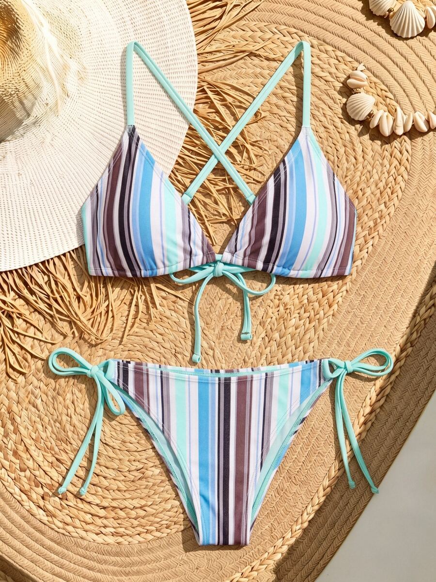 Maija Setelan Baju Renang Dua Potong Wanita Musim Panas Motif Garis-garis Seksi Bikini dan Celana Dalam Segitiga - MultiWarna - View 1