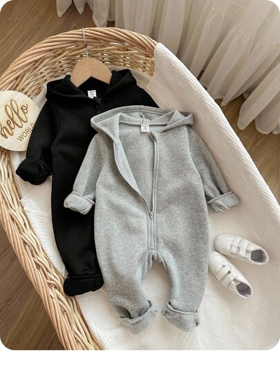SHEIN 2pcs Baby Girl Cute Solid Color Hooded Jumpsuit, Autumn/Winter Fall