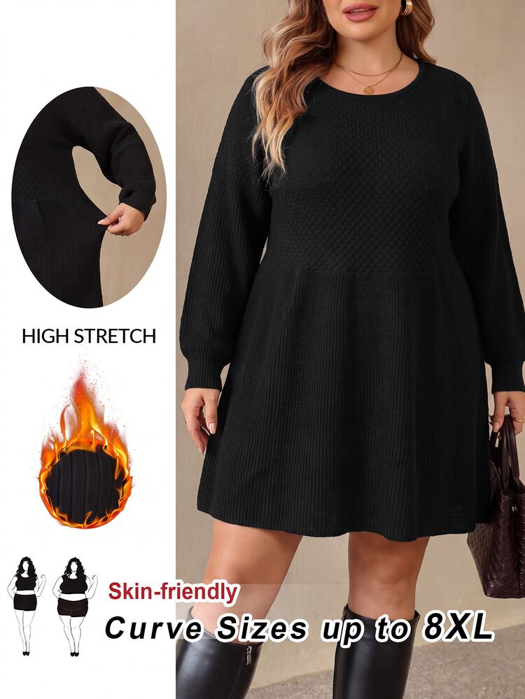 SHEIN CURVE+ Plus Size Women's French Casual Solid Color Lantern Sleeve Sweater Dress, Suitable For Autumn/Winter Wear, Black - Black - View 8