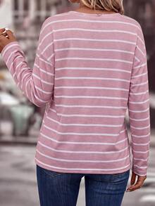 SHEIN LUNE Fashion Casual Traditional Basic V-Neck Dropped Shoulder Long Sleeve Pink Colorblock Striped Plus Size T-Shirt Autumn Formal Home Wear - Multicolor - View 2