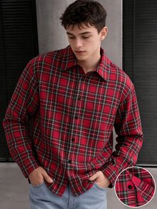 青少年男孩聖誕主題紅色格紋長袖襯衫 休閒可愛寬鬆翻領前開襟上衣 六年級派對秋季款 - 紅色 - 查看 5