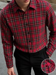 青少年男孩聖誕主題紅色格紋長袖襯衫 休閒可愛寬鬆翻領前開襟上衣 六年級派對秋季款 - 紅色 - 查看 4