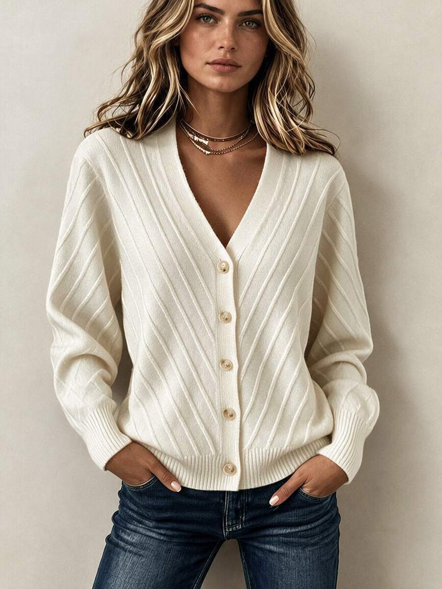 SHEIN New Spring Fall Minimal Diagonal Stitch Knit Cardigan Women V Neck Front Button Long Sleeve Cropped - White - View 1