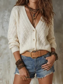 SHEIN New Spring Fall Minimal Diagonal Stitch Knit Cardigan Women V Neck Front Button Long Sleeve Cropped - White - View 4