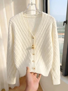 SHEIN New Spring Fall Minimal Diagonal Stitch Knit Cardigan Women V Neck Front Button Long Sleeve Cropped - White - View 6