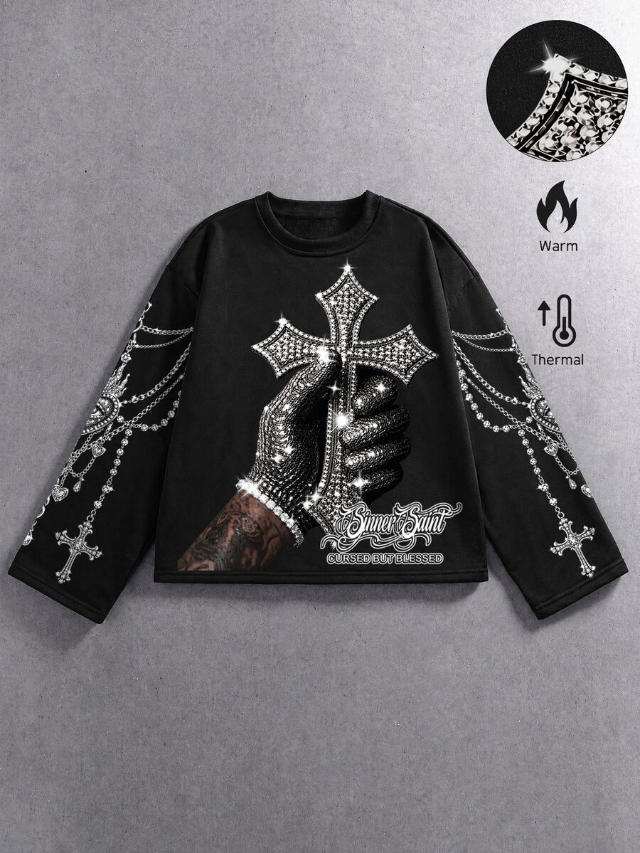 ROMWE MEN Street Life Kaos Lengan Panjang Pria Motif Berlian Berkilau, Potongan Longgar Pendek - Hitam - View 1