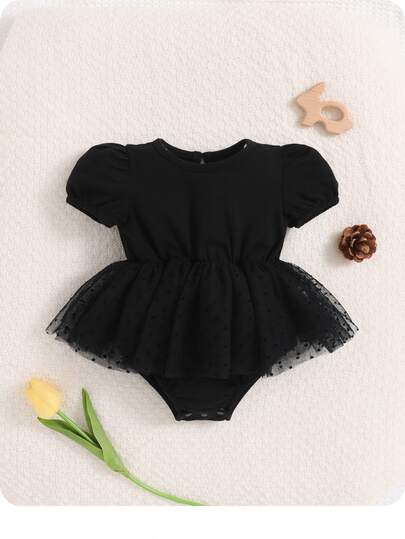 Newborn Baby Girl Solid Color Bubble Sleeve Mesh Ruffle Trim Bodysuit