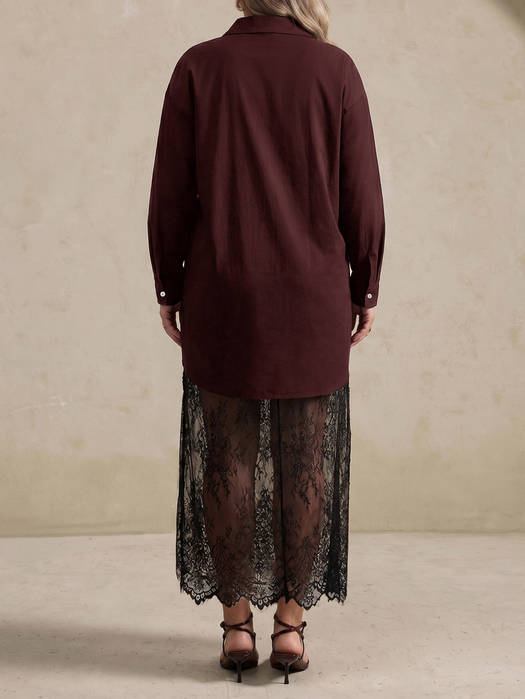 Elegantrix Plus Size Black Plus Size Shirt Dress With Sheer Lace Maxi Skirt, Elegant Long Sleeve Layered Outfit For Daily Fall Brunch Dinner Bordeaux - Chocolate Brown - View 2