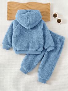 Cozy Pixies Baby Boy Letter Pattern Knit Soft Crew Neck Long Sleeve Pullover Sweatshirt Elastic Waist Long Pants 2pcs Set Fleece Set White Set New York Embroidery Set Baby Boy Set Baby Boy Beige Set Suitable For Winter Suitable For Autumn Back To School Season - Dusty Blue - View 2