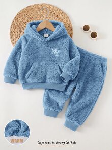 Cozy Pixies Baby Boy Letter Pattern Knit Soft Crew Neck Long Sleeve Pullover Sweatshirt Elastic Waist Long Pants 2pcs Set Fleece Set White Set New York Embroidery Set Baby Boy Set Baby Boy Beige Set Suitable For Winter Suitable For Autumn Back To School Season - Dusty Blue - View 3