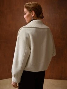 MOTF PREMIUM AUTUMN/WINTER NEW WOMEN'S KNITTED OVERSIZED LAPEL SHORT WOOL DOUBLE-FACED COAT WITH KNITTED COLLAR PATCHWORK - Beige - View 5