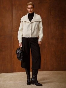 MOTF PREMIUM AUTUMN/WINTER NEW WOMEN'S KNITTED OVERSIZED LAPEL SHORT WOOL DOUBLE-FACED COAT WITH KNITTED COLLAR PATCHWORK - Beige - View 3