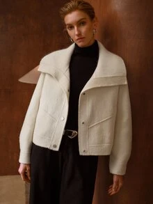 MOTF PREMIUM AUTUMN/WINTER NEW WOMEN'S KNITTED OVERSIZED LAPEL SHORT WOOL DOUBLE-FACED COAT WITH KNITTED COLLAR PATCHWORK - Beige - View 6