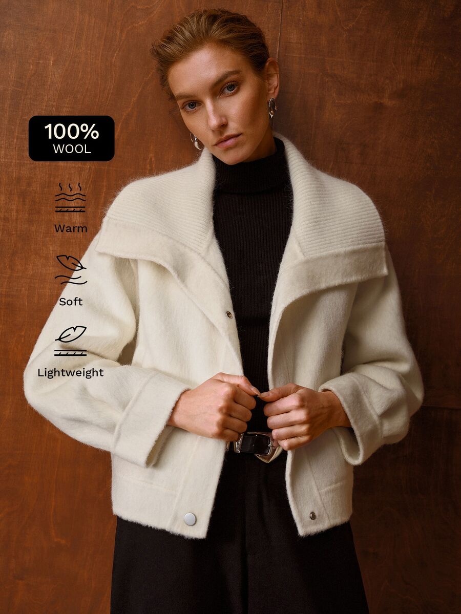 MOTF PREMIUM AUTUMN/WINTER NEW WOMEN'S KNITTED OVERSIZED LAPEL SHORT WOOL DOUBLE-FACED COAT WITH KNITTED COLLAR PATCHWORK - Beige - View 1