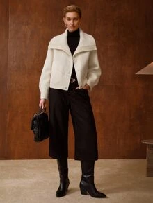 MOTF PREMIUM AUTUMN/WINTER NEW WOMEN'S KNITTED OVERSIZED LAPEL SHORT WOOL DOUBLE-FACED COAT WITH KNITTED COLLAR PATCHWORK - Beige - View 7