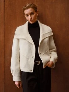 MOTF PREMIUM AUTUMN/WINTER NEW WOMEN'S KNITTED OVERSIZED LAPEL SHORT WOOL DOUBLE-FACED COAT WITH KNITTED COLLAR PATCHWORK - Beige - View 4