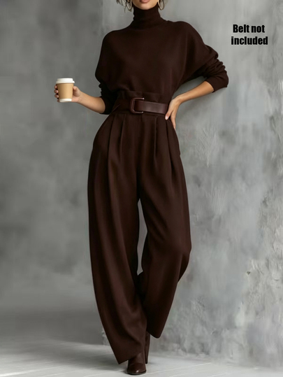 SHEIN Set da donna nuovo con top in maglia marrone a collo alto e maniche lunghe + pantaloni a vita alta con gamba ampia e drappeggiata, outfit da pendolare con vita snellente, 2 pezzi