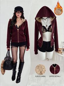 Elamini Fitted Vintage-Style Knit Elastic Hooded Thermal Lined Long Sleeve Pocket Sweatshirt For Women, Christmas - Red Violet - View 1
