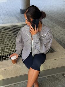 SAYEHFBABY 棕色格紋編織女款前拉鍊夾克 - 棕色 - 查看 6