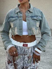 Alicia Augustina Women's Casual Ripped Front Button Up Long Sleeve Denim Jacket - Light Wash - View 5